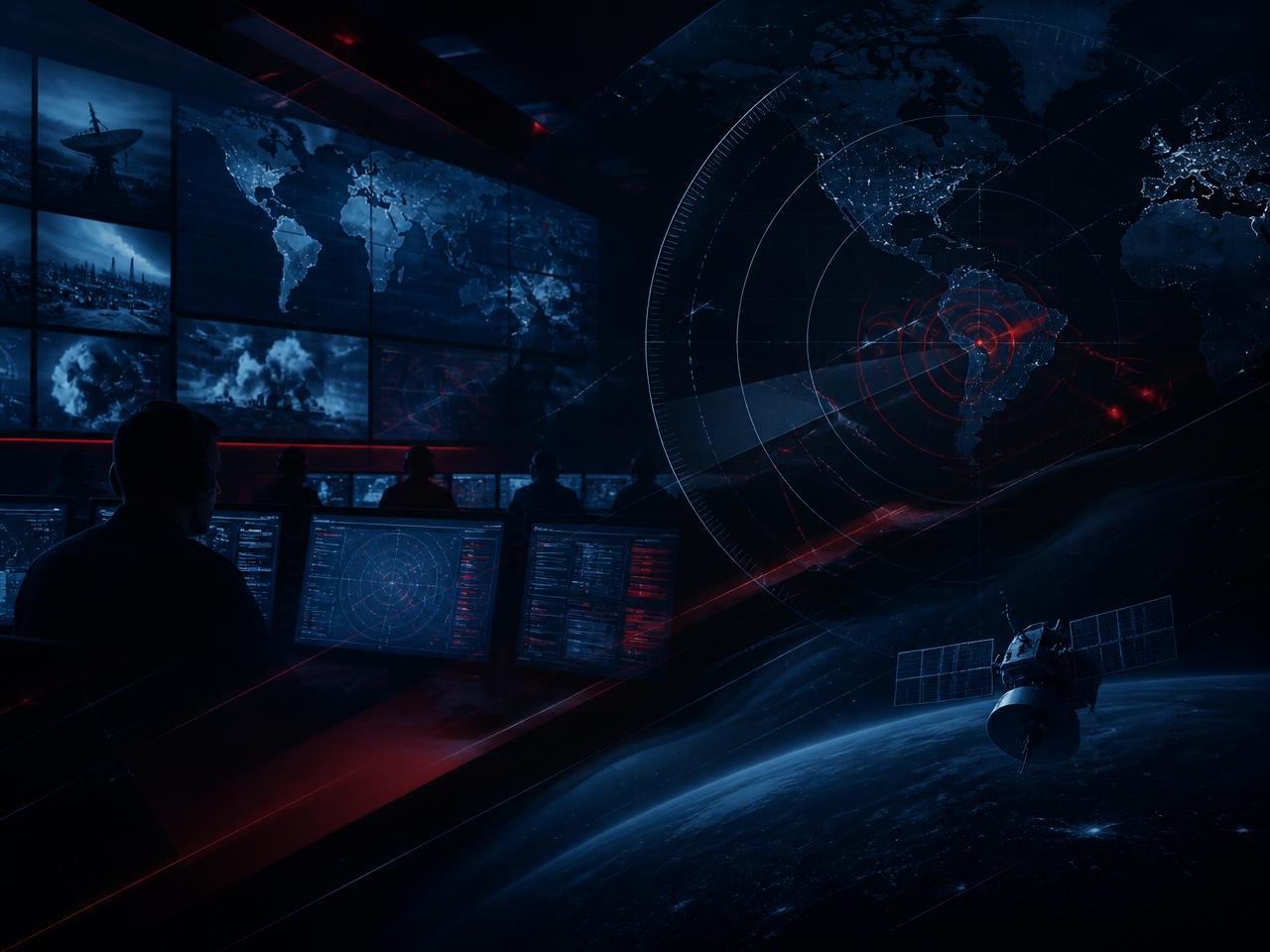 DEFCROS Brief broadcast desk: control-room video wall, global radar tracking, and satellite telemetry